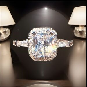 Engagement Ring Emerald Cut Moissanite W/Luxurious Platinum S925 Stamped Ring